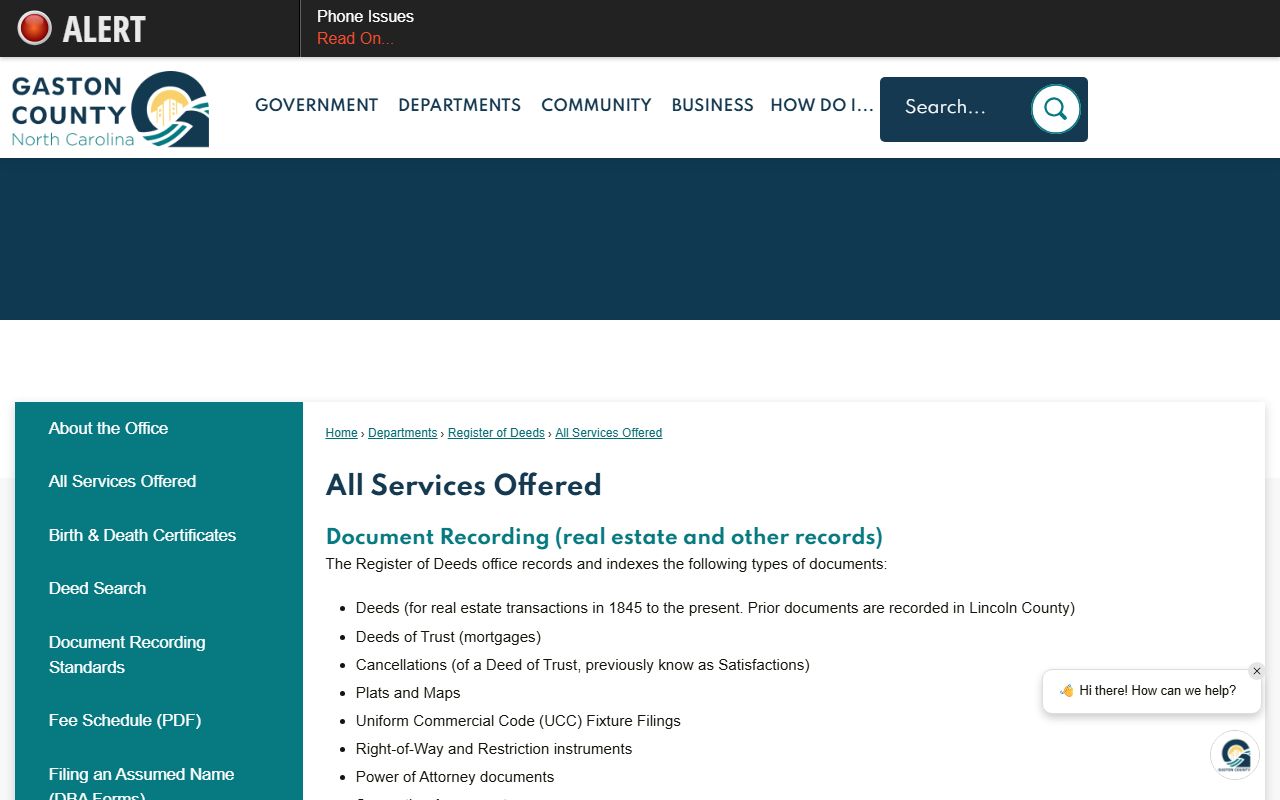 Register of Deeds services offered, separate from the Gaston County Clerk of Superior Court