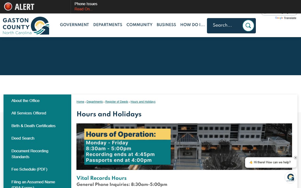 Register of Deeds hours and holidays near the Gaston County Clerk of Superior Court
