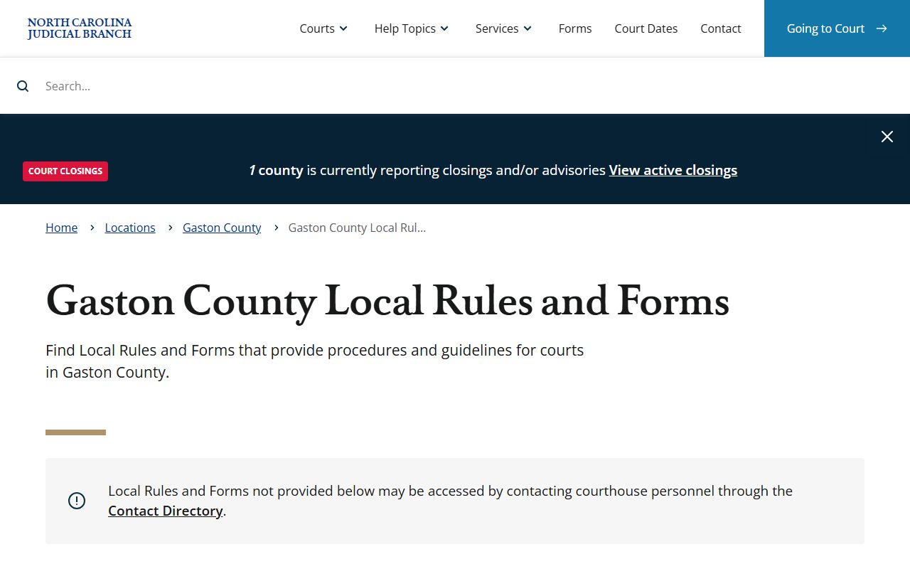 Gaston County local rules and forms page used with court dockets