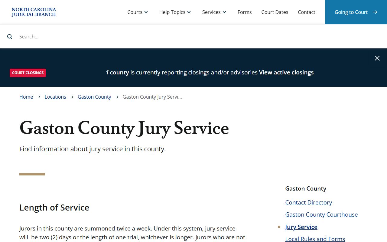 Gaston County jury service page related to court dockets and calendars