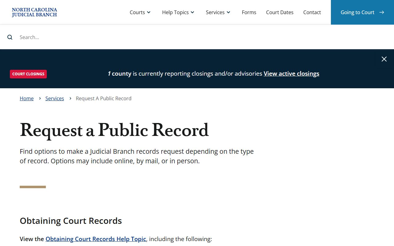 North Carolina Judicial Branch public record request page for Gaston County court records