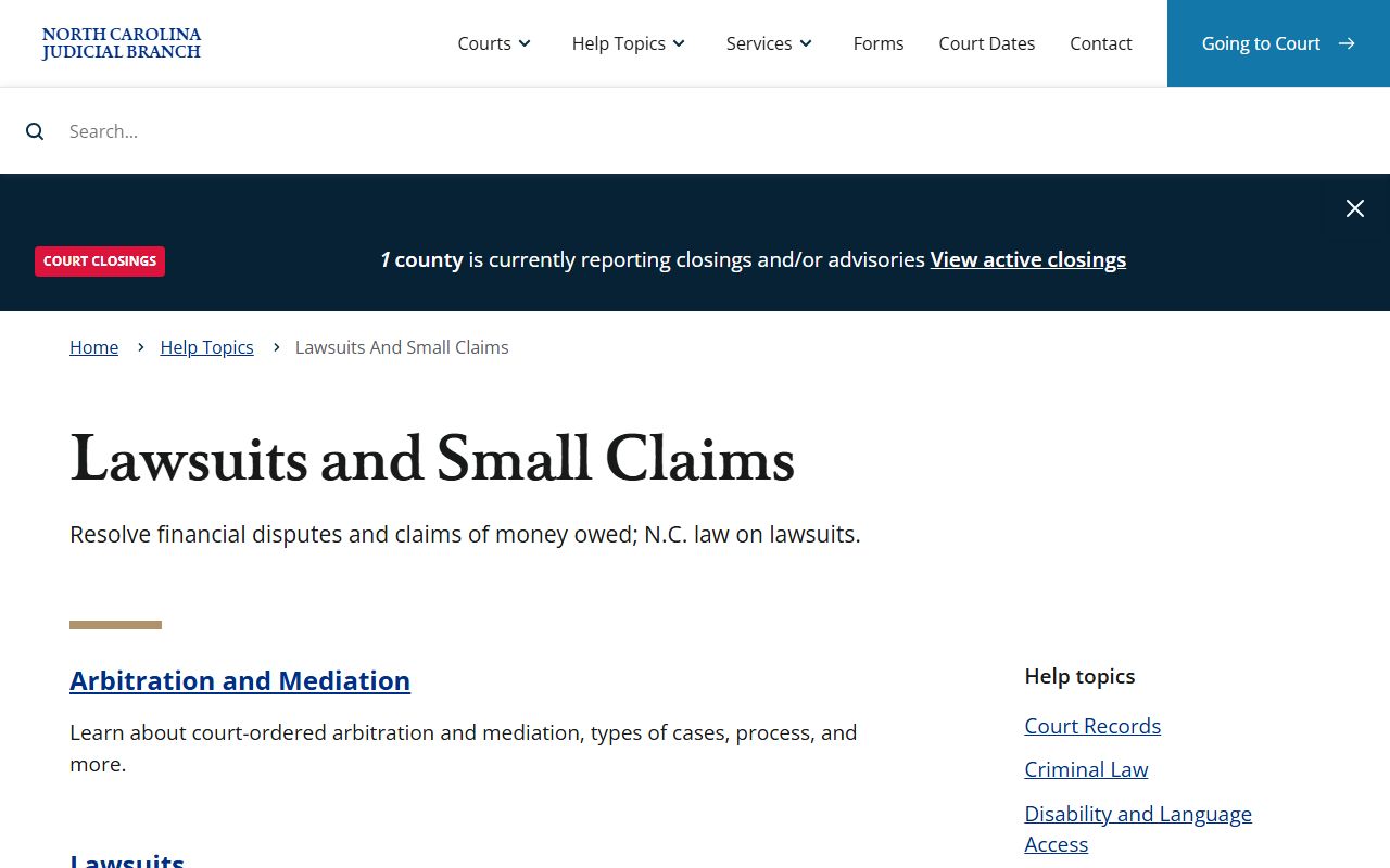 North Carolina lawsuits and small claims help topic for Gaston County District Court