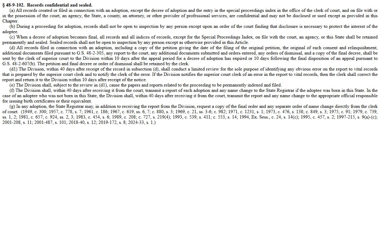 North Carolina G.S. 48-9-102 adoption records confidentiality for Gaston County