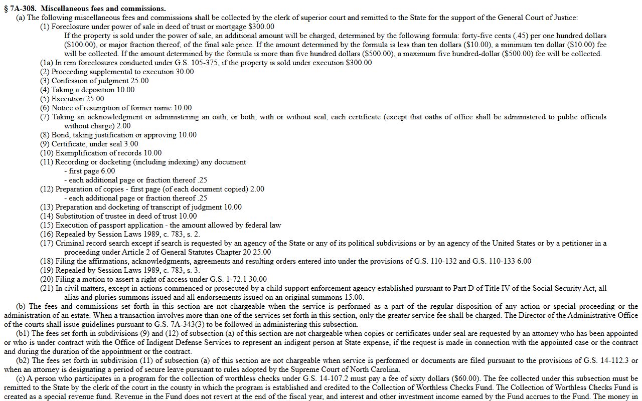 North Carolina G.S. 7A-308 civil action costs statute for Gaston County