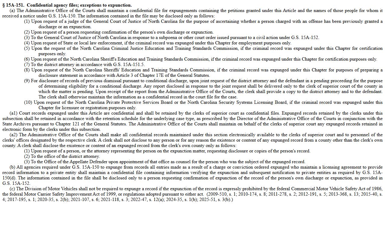 North Carolina G.S. 15A-151 expunction confidentiality statute for Gaston County