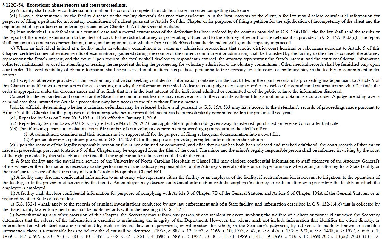 North Carolina G.S. 122C-54 mental health records confidentiality for Gaston County