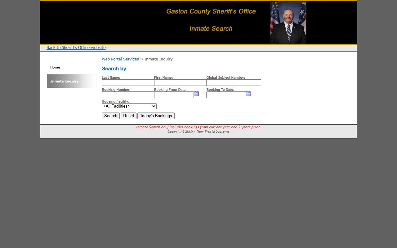 Gaston County Sheriff inmate inquiry search form fields