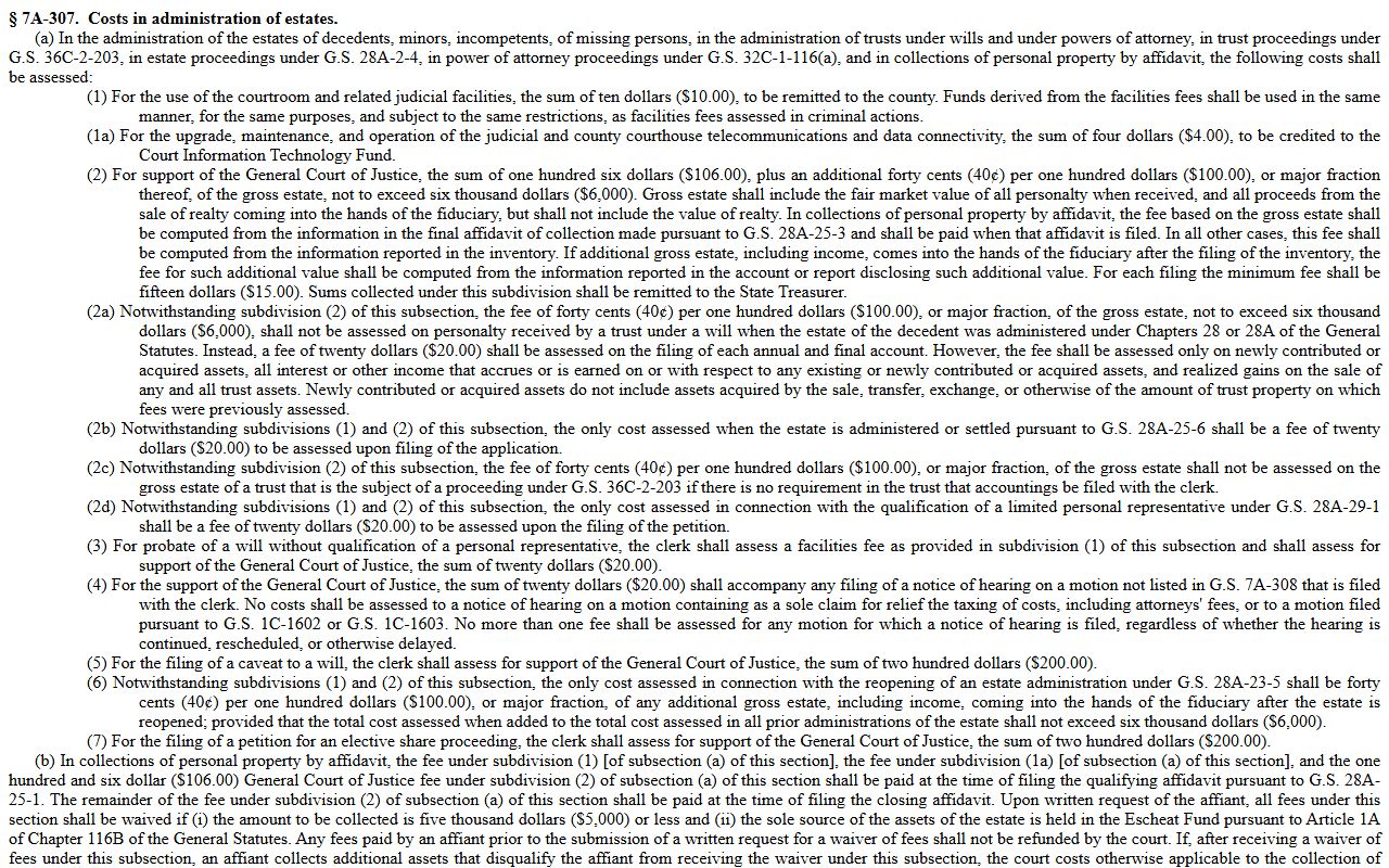 North Carolina G.S. 7A-307 estate costs statute for Gaston County probate records
