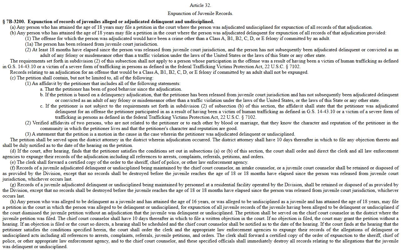 North Carolina G.S. 7B-3200 juvenile expunction statute near Gaston County