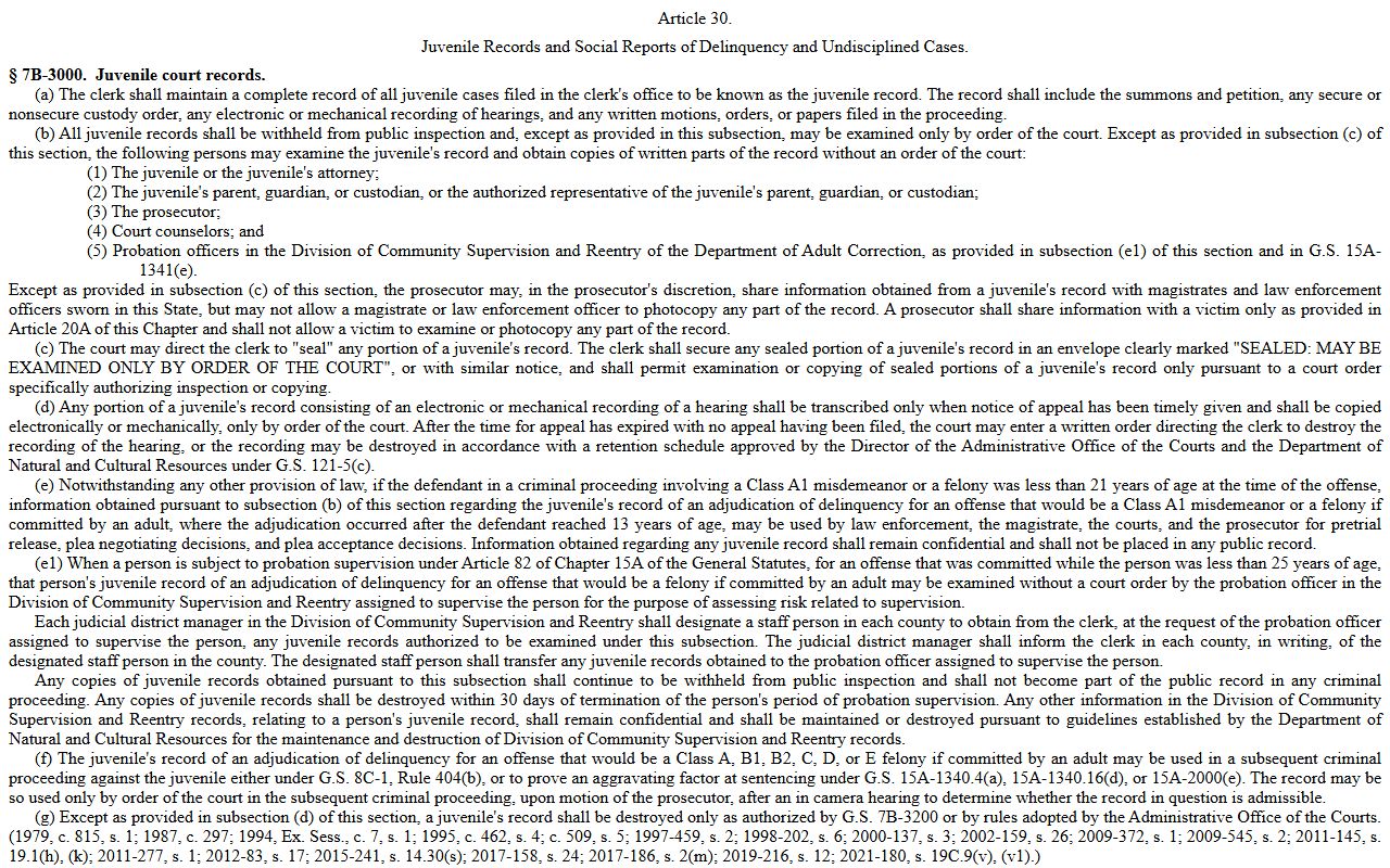 North Carolina G.S. 7B-3000 juvenile records confidentiality near Gaston County probate