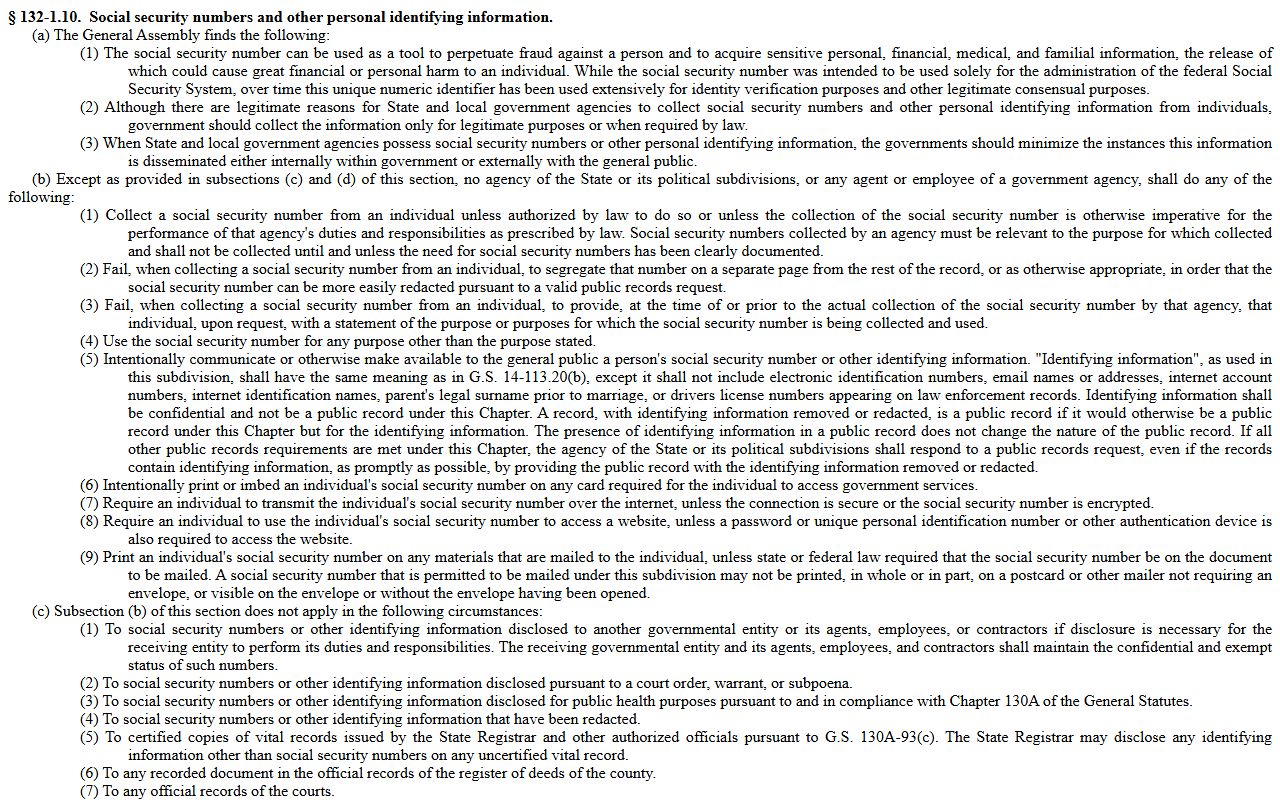 North Carolina G.S. 132-1.10 identifying information redaction for Gaston County