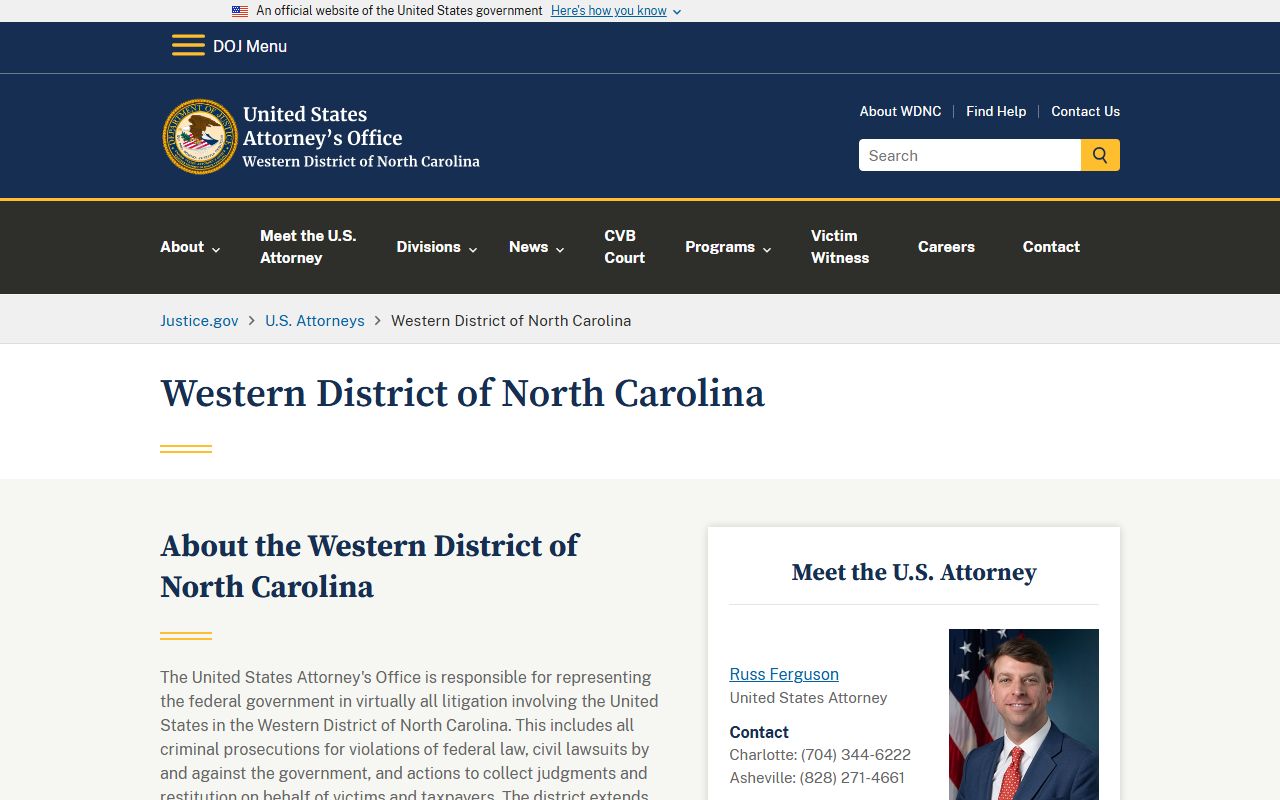 U.S. Attorney Western District of North Carolina page for federal cases near Gaston County