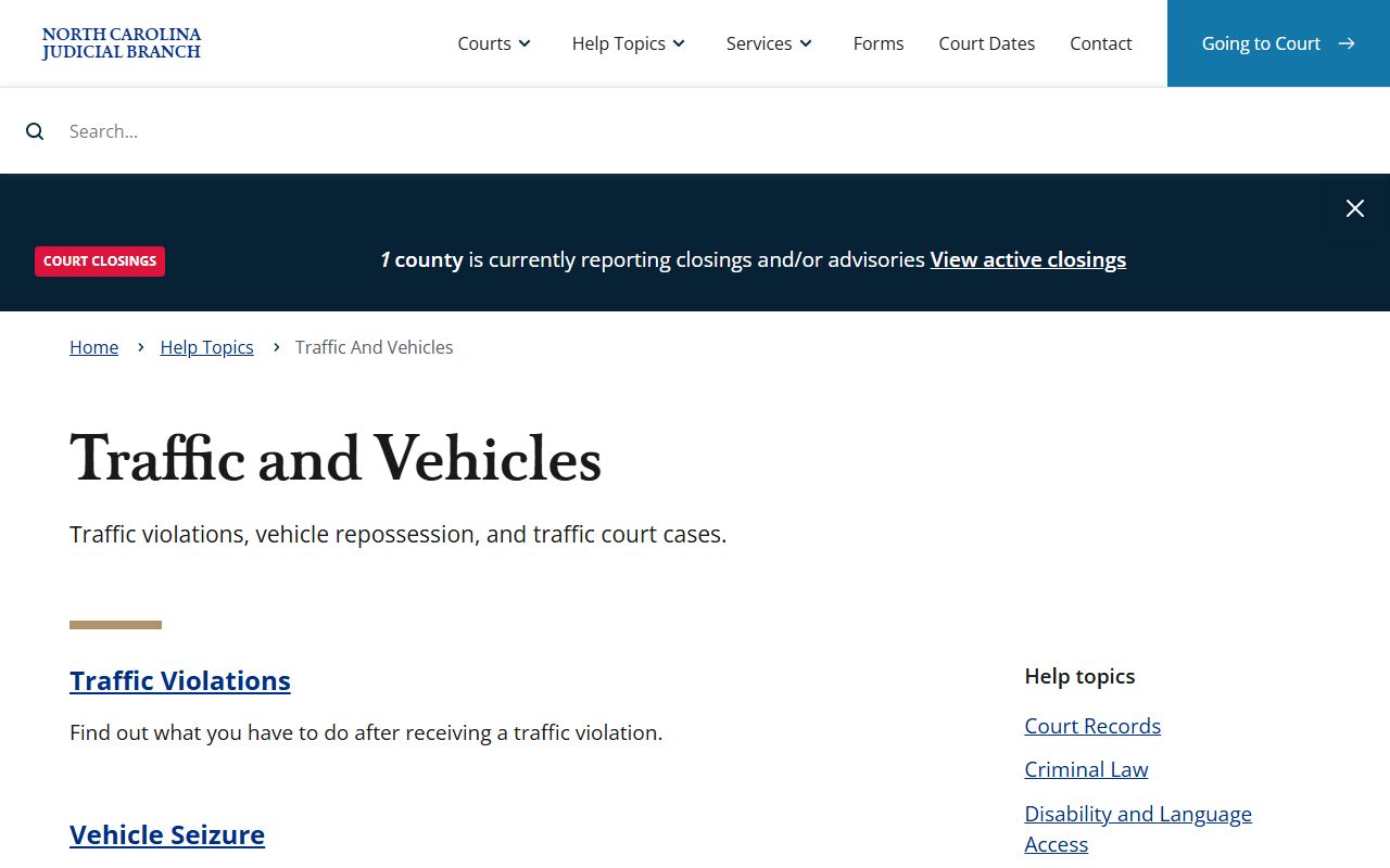 North Carolina traffic and vehicles help topic for Gaston County traffic court records