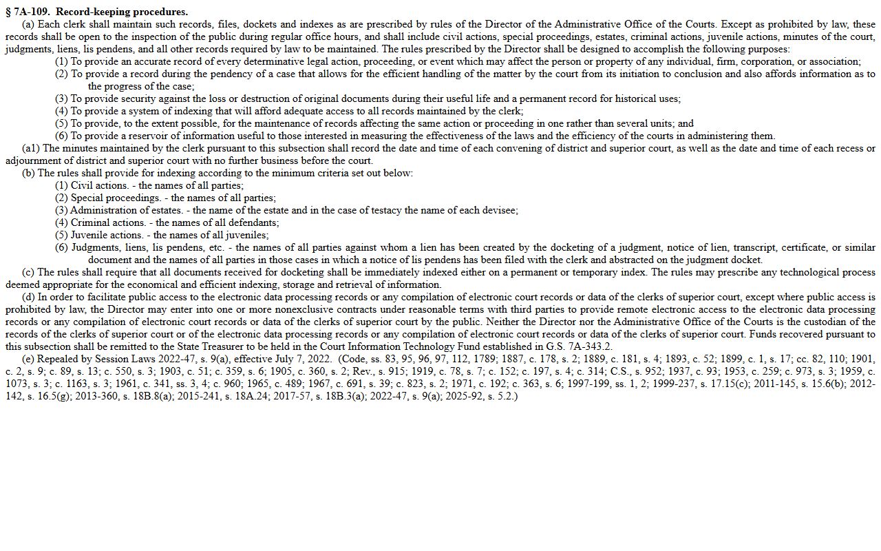 North Carolina G.S. 7A-109 court recordkeeping statute for Gaston County warrant records