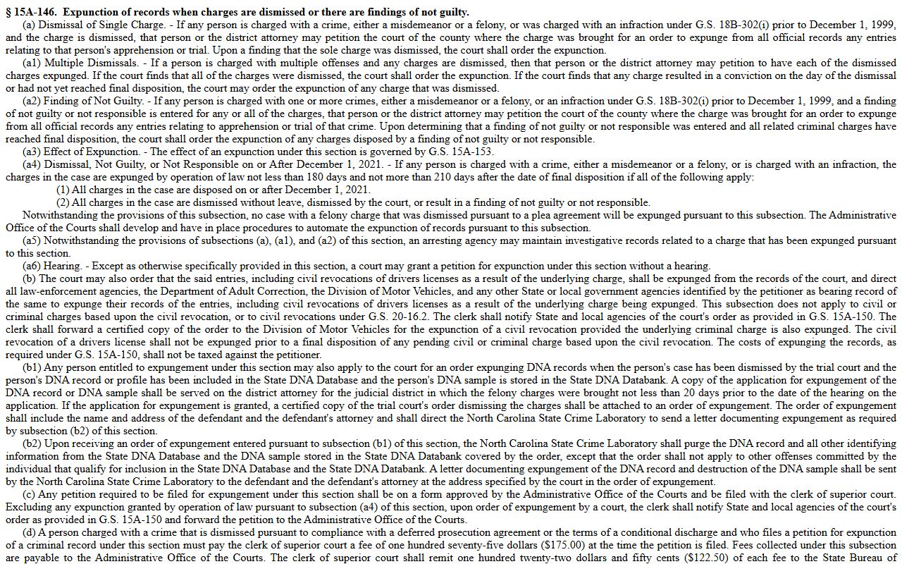 North Carolina G.S. 15A-146 expunction of dismissed charges for Gaston County