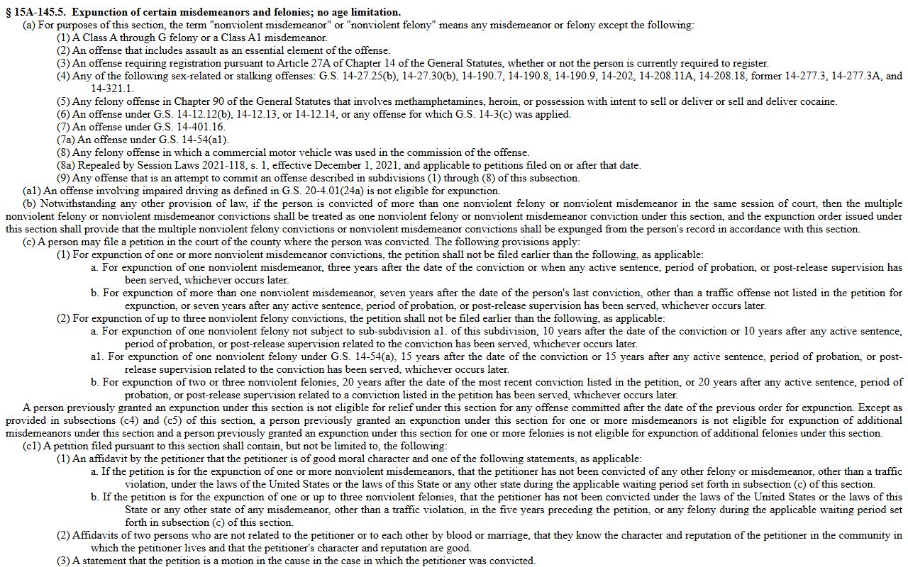 North Carolina G.S. 15A-145.5 nonviolent conviction expunction for Gaston County