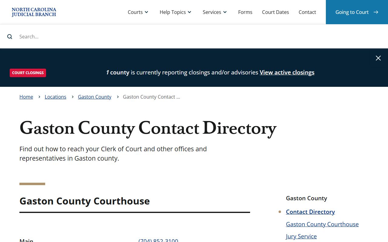 Gaston County court contact directory listing clerk and judge phone numbers