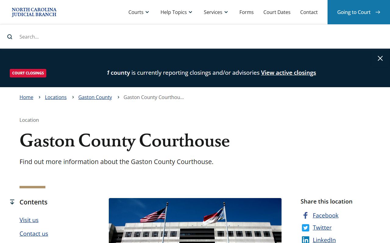 Gaston County Courthouse address and hours on the North Carolina Judicial Branch site