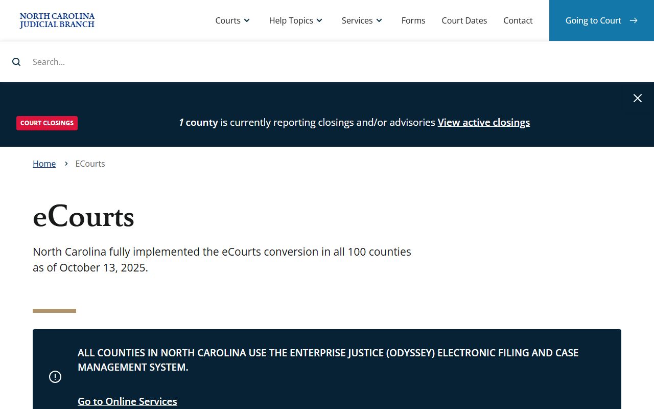 North Carolina eCourts rollout page covering Gaston County court records
